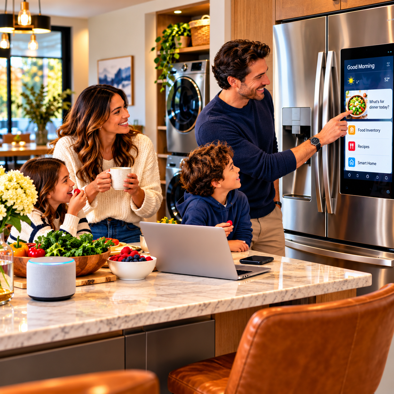 Family enjoying a morning together in a modern kitchen, with a father using a smart refrigerator touchscreen while a mother and child sit at the island.
