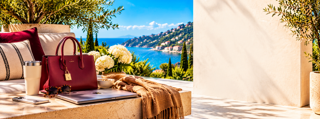 Burgundy handbag, white hydrangeas, laptop, and cozy knit throw on a sunlit Mediterranean terrace overlooking the sea.