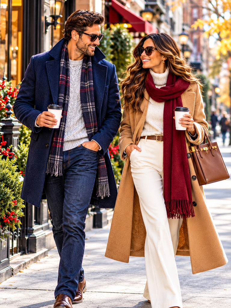 Stylish man and woman wearing elegant winter coats, scarves, and boots while walking together along a festive city street decorated for the holidays.