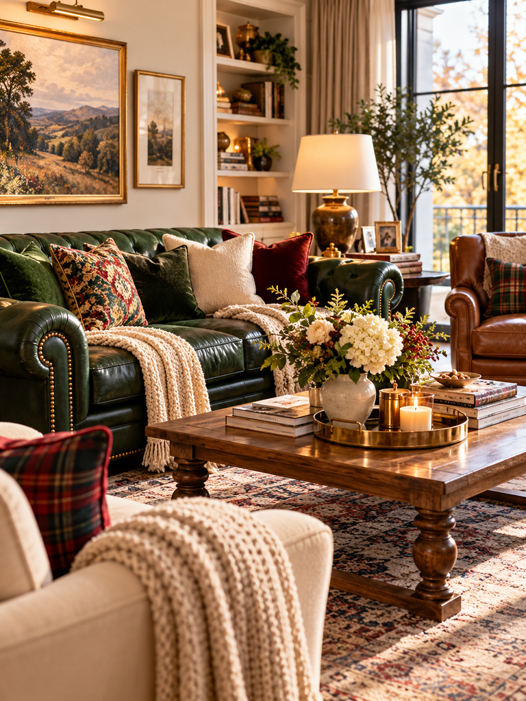 Cozy winter living room with a plush sofa, layered blankets, warm lighting, elegant furnishings, and seasonal floral arrangements.