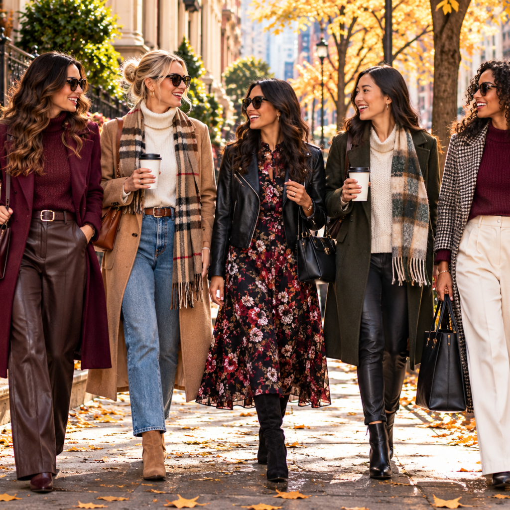 Five stylish women wearing layered fall and winter outfits, including coats, scarves, boots, and dresses, walking together along a tree-lined city street in autumn.