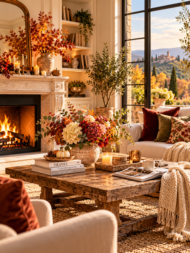 Elegant autumn living room with a glowing fireplace, cozy neutral furnishings, seasonal floral arrangements, warm lighting, and scenic countryside views through large windows.