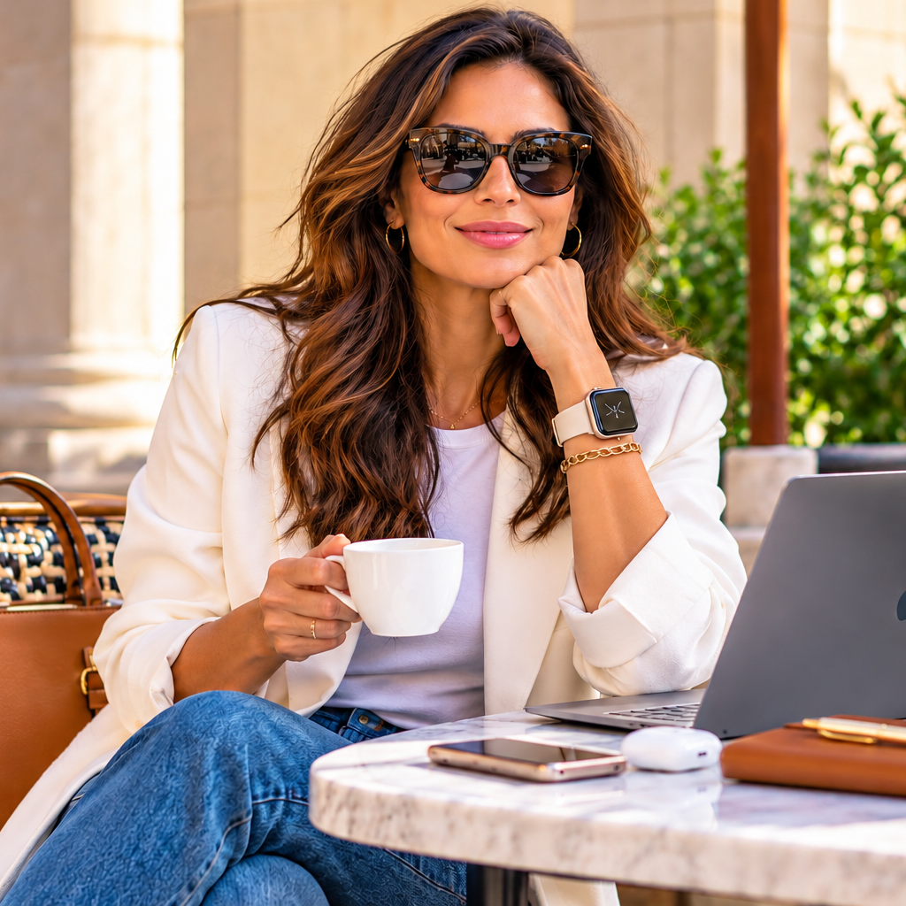 Stylish woman wearing sunglasses, a white blazer, and a smartwatch while enjoying coffee and working on a laptop at an outdoor café.